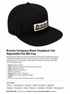 Brixton Company Black Snapback Hat Flat Bill Adjustable Cap Streetwear